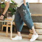 Buddha Stones White Crane Clouds Embroidery Cotton Linen Men's 7-8 Length Harem Pants With Pockets - image 11