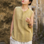 Buddha Stones Summer Tie-dye Buttons Linen Sleeveless Women's Vest - PaleGoldenrod - US4-6，UK/AU8-10，EU36-38 (F) - image 1