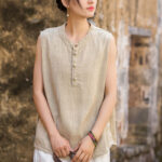 Buddha Stones Summer Tie-dye Buttons Linen Sleeveless Women's Vest - Beige - US4-6，UK/AU8-10，EU36-38 (F) - image 21