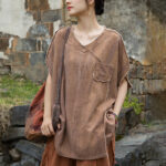 Buddha Stones Summer Tie-dye Linen V-Neck Short Sleeve Women's T-shirts - image 13