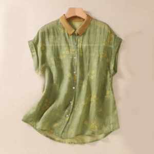 Buddha Stones Small Yellow Flower Leaves Buttons Short Sleeve Women's Shirt - YellowGreen - US8-10，UK/AU12-14，EU40-42 (2XL) - image 1