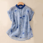 Buddha Stones Small Yellow Flower Leaves Buttons Short Sleeve Women's Shirt - SkyBlue - US8-10，UK/AU12-14，EU40-42 (2XL) - image 10