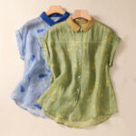 Buddha Stones Small Yellow Flower Leaves Buttons Short Sleeve Women's Shirt - image 2
