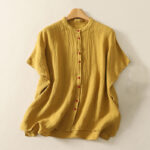 Buddha Stones Summer Plain Red Buttons Short Sleeve Women's Cotton Linen Shirt - Goldenrod - US14，UK/AU18，EU46 (2XL) - image 16
