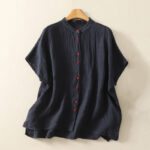 Buddha Stones Summer Plain Red Buttons Short Sleeve Women's Cotton Linen Shirt - MidnightBlue - US14，UK/AU18，EU46 (2XL) - image 1