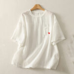 Buddha Stones Casual Embroidery Red Heart Short Sleeve Women's Cotton Linen T-Shirt - White - US14，UK/AU18，EU46 (2XL) - image 4