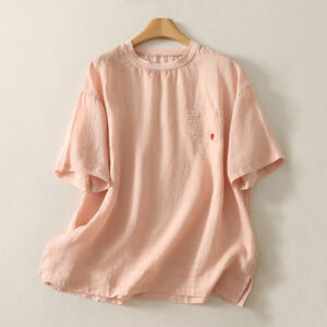 Buddha Stones Casual Embroidery Red Heart Short Sleeve Women's Cotton Linen T-Shirt - LightSalmon - US14，UK/AU18，EU46 (2XL) - image 1