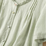 Buddha Stones Jacquard Pleated Ruffled Trim Design V-Neck Short Sleeve Women's Shirt - image 4