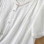 Buddha Stones Jacquard Pleated Ruffled Trim Design V-Neck Short Sleeve Women's Shirt - image 17