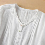 Buddha Stones Jacquard Pleated Ruffled Trim Design V-Neck Short Sleeve Women's Shirt - image 16