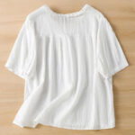 Buddha Stones Jacquard Pleated Ruffled Trim Design V-Neck Short Sleeve Women's Shirt - image 15
