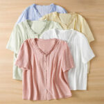 Buddha Stones Jacquard Pleated Ruffled Trim Design V-Neck Short Sleeve Women's Shirt - image 24