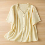 Buddha Stones Jacquard Pleated Ruffled Trim Design V-Neck Short Sleeve Women's Shirt - LightYellow - US14，UK/AU18，EU46 (2XL) - image 9