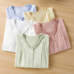 Buddha Stones Jacquard Pleated Ruffled Trim Design V-Neck Short Sleeve Women's Shirt - image 25