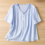 Buddha Stones Jacquard Pleated Ruffled Trim Design V-Neck Short Sleeve Women's Shirt - CornflowerBlue - US14，UK/AU18，EU46 (2XL) - image 5