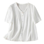 Buddha Stones Jacquard Pleated Ruffled Trim Design V-Neck Short Sleeve Women's Shirt - image 18