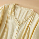 Buddha Stones Jacquard Pleated Ruffled Trim Design V-Neck Short Sleeve Women's Shirt - image 11
