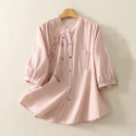 Buddha Stones Casual Daily Printing Lily Pattern Half Puff Sleeve Women's Cotton Linen Shirt - LightPink - US12，UK/AU16，EU44 (2XL) - image 1