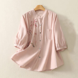 Buddha Stones Casual Daily Printing Lily Pattern Half Puff Sleeve Women's Cotton Linen Shirt - LightPink - US12，UK/AU16，EU44 (2XL) - image 1