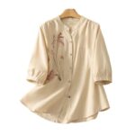 Buddha Stones Casual Daily Printing Lily Pattern Half Puff Sleeve Women's Cotton Linen Shirt - image 17