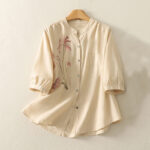 Buddha Stones Casual Daily Printing Lily Pattern Half Puff Sleeve Women's Cotton Linen Shirt - Moccasin - US12，UK/AU16，EU44 (2XL) - image 12
