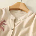 Buddha Stones Casual Daily Printing Lily Pattern Half Puff Sleeve Women's Cotton Linen Shirt - image 13