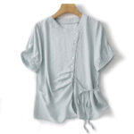 Buddha Stones Casual Plain Asymmetrical Lace-Up Design Puff Short Sleeve Women's Cotton Shirt - PowderBlue - US8-10，UK/AU12-14，EU40-42 (2XL) - image 1