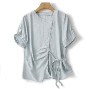 Buddha Stones Casual Plain Asymmetrical Lace-Up Design Puff Short Sleeve Women's Cotton Shirt - PowderBlue - US8-10，UK/AU12-14，EU40-42 (2XL) - image 1