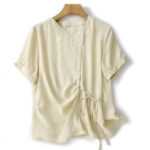 Buddha Stones Casual Plain Asymmetrical Lace-Up Design Puff Short Sleeve Women's Cotton Shirt - LightGoldenrodYellow - US8-10，UK/AU12-14，EU40-42 (2XL) - image 8