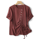 Buddha Stones Casual Plain Asymmetrical Lace-Up Design Puff Short Sleeve Women's Cotton Shirt - FireBrick - US8-10，UK/AU12-14，EU40-42 (2XL) - image 18