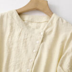 Buddha Stones Casual Plain Asymmetrical Lace-Up Design Puff Short Sleeve Women's Cotton Shirt - image 10