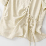 Buddha Stones Casual Plain Asymmetrical Lace-Up Design Puff Short Sleeve Women's Cotton Shirt - image 17