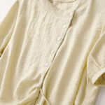 Buddha Stones Casual Plain Asymmetrical Lace-Up Design Puff Short Sleeve Women's Cotton Shirt - image 11