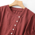 Buddha Stones Casual Plain Asymmetrical Lace-Up Design Puff Short Sleeve Women's Cotton Shirt - image 19