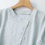 Buddha Stones Casual Plain Asymmetrical Lace-Up Design Puff Short Sleeve Women's Cotton Shirt - image 2