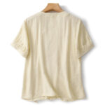 Buddha Stones Casual Plain Asymmetrical Lace-Up Design Puff Short Sleeve Women's Cotton Shirt - image 9
