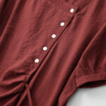 Buddha Stones Casual Plain Asymmetrical Lace-Up Design Puff Short Sleeve Women's Cotton Shirt - image 20