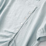Buddha Stones Casual Plain Asymmetrical Lace-Up Design Puff Short Sleeve Women's Cotton Shirt - image 4
