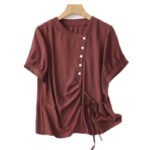 Buddha Stones Casual Plain Asymmetrical Lace-Up Design Puff Short Sleeve Women's Cotton Shirt - image 24