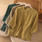 Buddha Stones Vintage Three Quarter Sleeve Cotton Linen Women's Shirt With Pockets - image 28