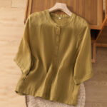 Buddha Stones Vintage Three Quarter Sleeve Cotton Linen Women's Shirt With Pockets - Goldenrod - US14，UK/AU18，EU46 (2XL) - image 10
