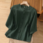 Buddha Stones Vintage Three Quarter Sleeve Cotton Linen Women's Shirt With Pockets - DarkGreen - US14，UK/AU18，EU46 (2XL) - image 20