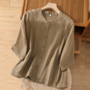 Buddha Stones Vintage Three Quarter Sleeve Cotton Linen Women's Shirt With Pockets - Tan - US14，UK/AU18，EU46 (2XL) - image 1