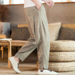 Buddha Stones Solid Color Linen Drawstring Tapered Men's Pants With Pockets - image 2