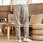 Buddha Stones Solid Color Linen Drawstring Tapered Men's Pants With Pockets - image 5