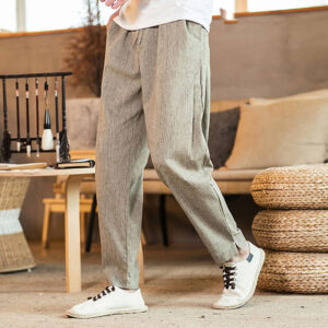 Buddha Stones Solid Color Linen Drawstring Tapered Men's Pants With Pockets - Tan - US/UK/AU46，EU56 (5XL) - image 1