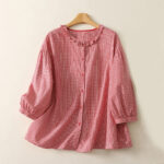Buddha Stones Spring Plaid Ruffled Crew Neck Design Three Quarter Sleeve Cotton Women's Shirt - OrangeRed - US14，UK/AU18，EU46 (2XL) - image 6