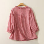 Buddha Stones Spring Plaid Ruffled Crew Neck Design Three Quarter Sleeve Cotton Women's Shirt - image 7