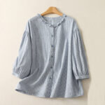 Buddha Stones Spring Plaid Ruffled Crew Neck Design Three Quarter Sleeve Cotton Women's Shirt - LightBlue - US14，UK/AU18，EU46 (2XL) - image 1