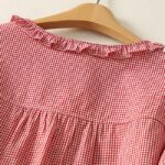Buddha Stones Spring Plaid Ruffled Crew Neck Design Three Quarter Sleeve Cotton Women's Shirt - image 9